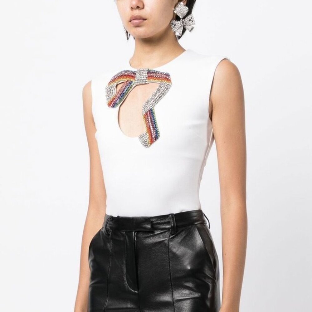Area embellished Crystal Bow White Bodysuit